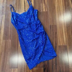 D&M Dress Blue Sequin Sleeveless Spaghetti Straps Wrap Front Back Zip Size Small